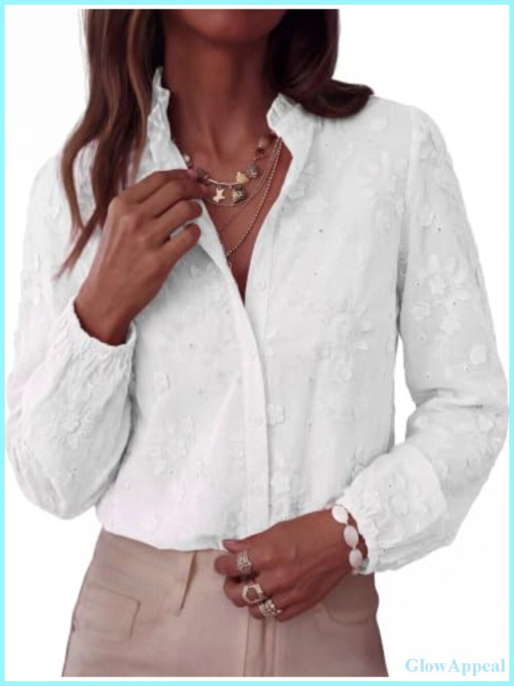 Floral Embroidered Button Down Blouse Long Sleeve Ruffle Collar Lightweight